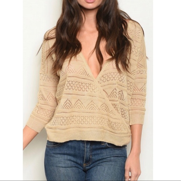 💼 Khaki Knit V-Neck 3/4 Sleeve Lightweight Top - Picture 2 of 5